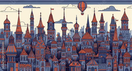 Whimsical cityscape with ornate towers and a floating hot air balloon.