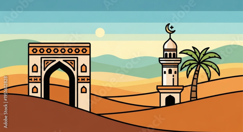Serene Desert Landscape with Mosque, Archway, and Palm Tree.