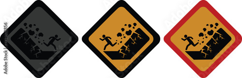 Falling rocks warning sign icon set collection group, landslide danger symbols, road hazard caution signs, rockfall alert vector icons for traffic safety and construction design.