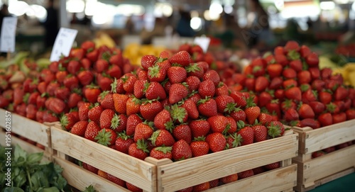 Fresh strawberries piled high in wooden crates at a bustling farmers market with blurred fresh produce background