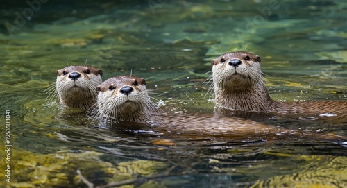 Happy otters swimming in a ...