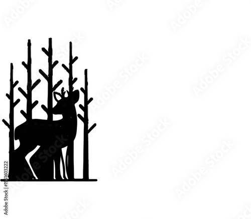 A black silhouette of a deer stands among bare trees in a simple style