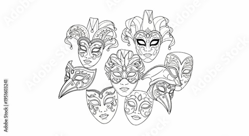 Collection of ornate Venetian masks, sketched in black and white