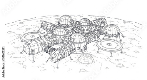 Detailed illustration of a futuristic space station complex on a planetary surface.