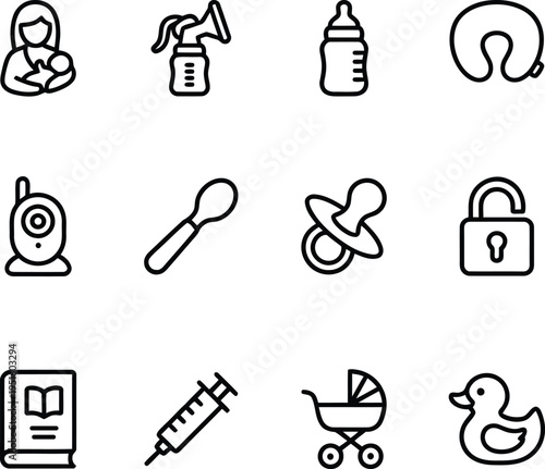 A collection of baby care icons on a white background