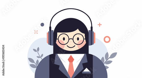 Cheerful person with headphones and glasses in a suit and tie