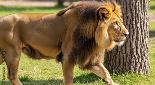 A majestic male lion walking gracefully through a grassy field past a large textured tree trunk