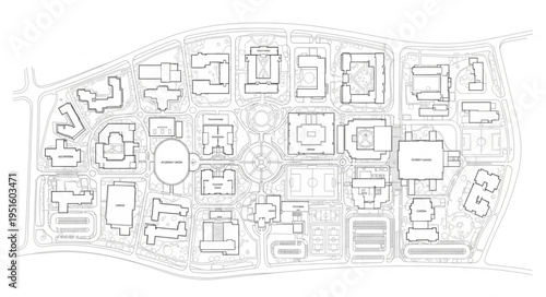 Detailed architectural plan of a complex urban environment with various buildings.