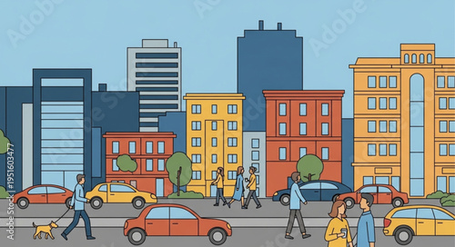 City street scene with pedestrians and vehicles illustration.
