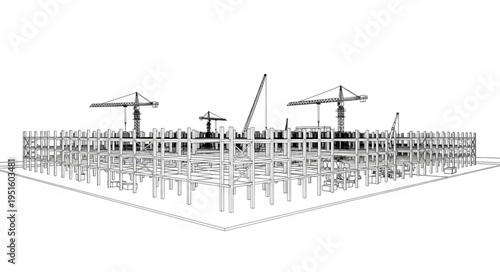 Construction site sketch showing framework, cranes, and building structure in progress.