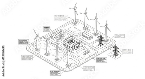 Detailed illustration of a modern wind energy power generation facility.