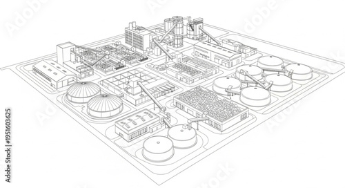 Detailed architectural rendering showcasing a complex industrial cityscape with various structures and tanks.