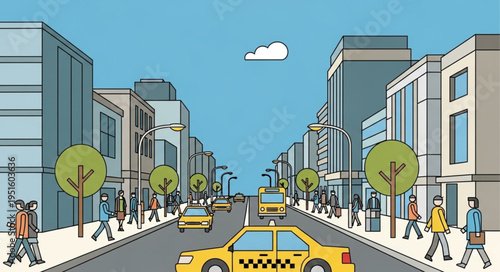 City street scene with yellow taxi and pedestrian traffic.