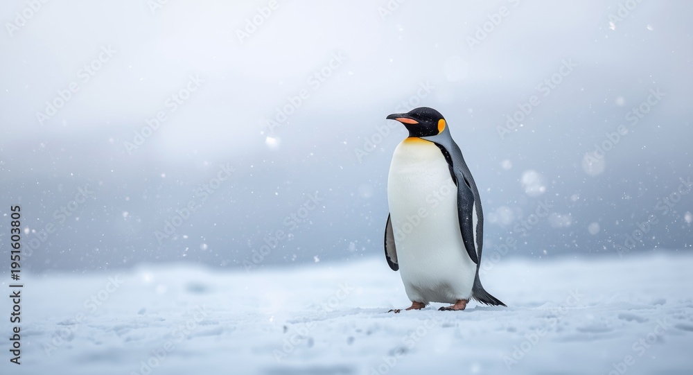Obraz premium Light snow falling on emperor penguin standing on frozen terrain with soft winter bokeh effect