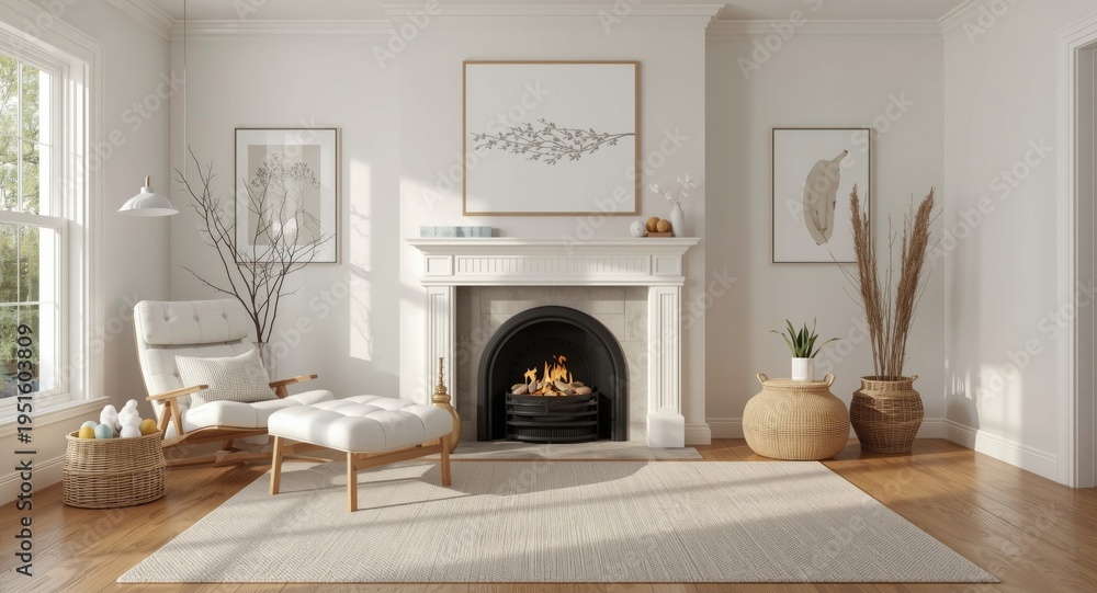 Fototapeta premium Homey living room space bathed in natural light including a fireplace, lounge chair, and Easter egg collection