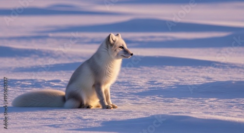 A solitary arctic fox sits peacefully on a vast expanse of snow during the cold winter golden hour