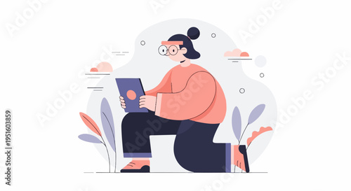 Woman kneeling on one knee using a tablet with a simple background