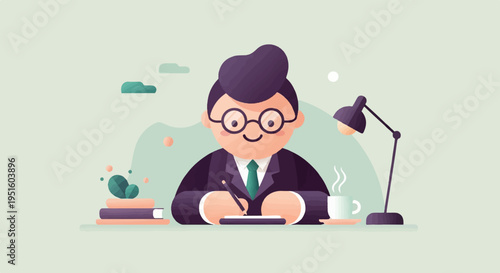 Cheerful person with glasses works diligently at a desk with books and coffee