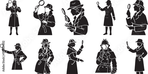 Female detective investigator silhouette set holding magnifying glass searching clue mystery concept