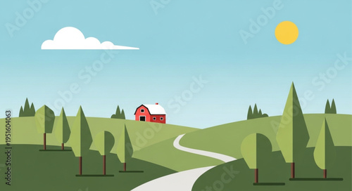 Idyllic Countryside Scene with Red Barn and Winding Path.