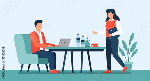 Office Scene with Man Working and Woman Approaching.