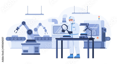 Advanced Industrial Cleanroom with Automated Manufacturing and Human Quality Inspection. Robotics and Precision Technology.
