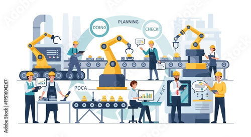 Industrial Automation & Smart Factory Process: Robotics, Engineers, & PDCA Cycle for Manufacturing Optimization & Quality Control