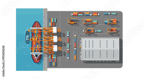 Global Shipping Port Logistics: Container Ship, Cranes, Trucks & Warehouse - Overhead Vector