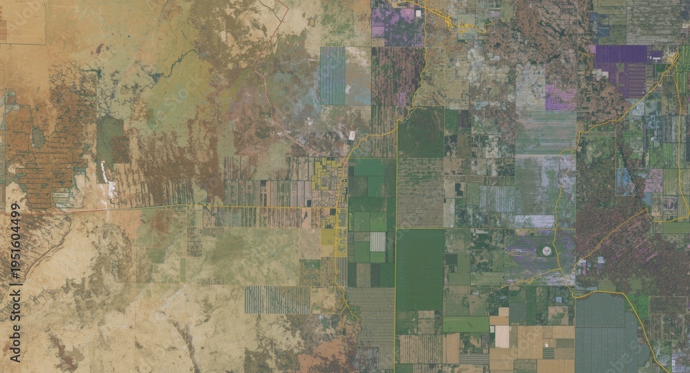 Fototapeta premium False color satellite crop mapping illustrating fields adjacent to wood and ash zones