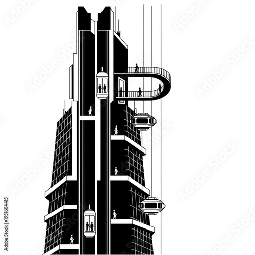 Futuristic Skyscraper with External Elevators and Skybridge Illustration.