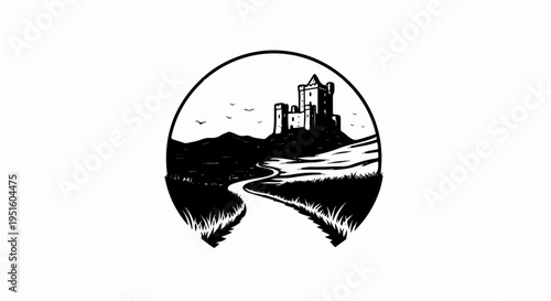 A black and white illustration of a castle on a hill with a path leading to it