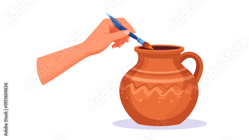 Vector illustration of a hand painting a ceramic clay pot with a paintbrush for pottery hobby and traditional craft concept isolated on white background.