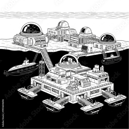 Futuristic Underwater City with Submarines and Dome Structures.