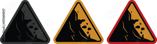 Falling rocks warning sign icon set collection group, landslide danger symbols, road hazard caution signs, rockfall alert vector icons for traffic safety and construction design.