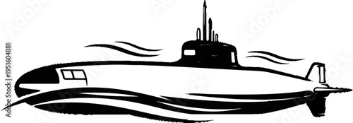 A black and white silhouette of a submarine sailing through stylized waves