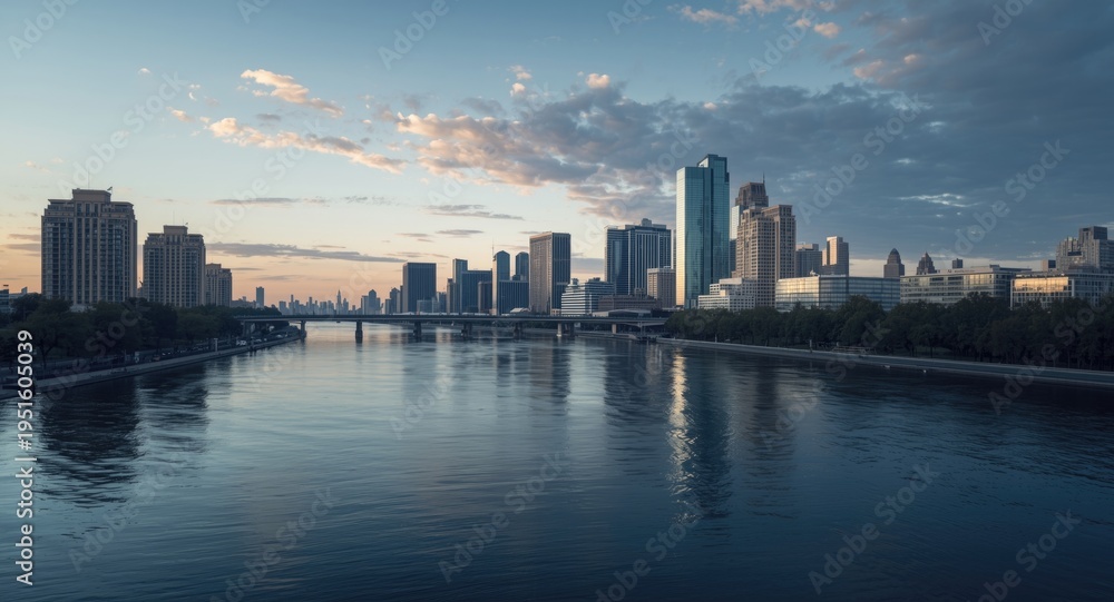 Obraz premium Peaceful river and city skyline creating a calm urban scene