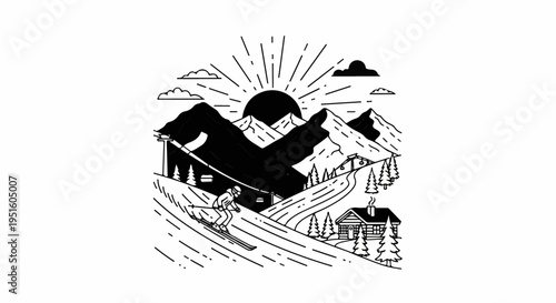 A skier descends a snowy slope near a cabin, with mountains and a rising sun