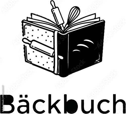 A stylized open book with baking tools resting inside