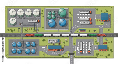Aerial View of Industrial Complex with Tanks and Train.