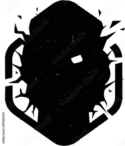 Abstract dark hexagonal shape with internal circular design and broken outer edges