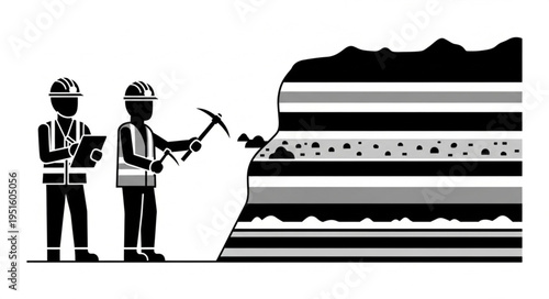 Geologists Examining Rock Layers with Pickaxe and Clipboard.