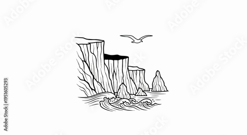 Cliffside seascape with crashing waves and a soaring seabird