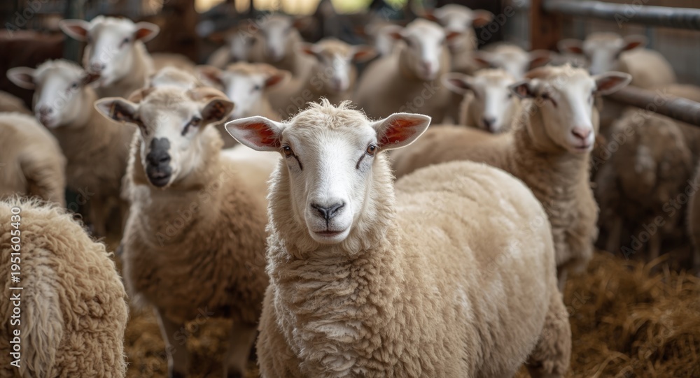 Obraz premium Peaceful sheep standing calmly in a farm aviary habitat