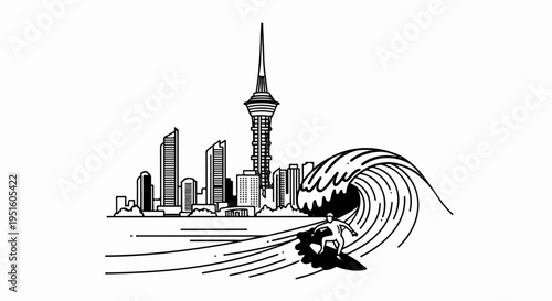 Urban skyline with surfer riding a large wave