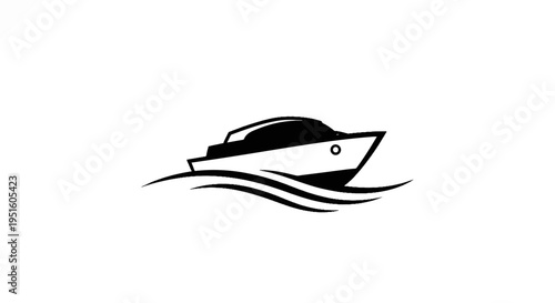 A black and white illustration of a sleek motorboat gliding over stylized waves
