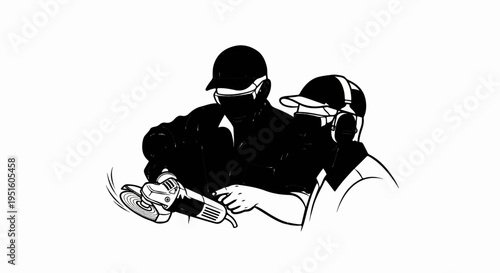 Two workers in safety gear operating a grinding tool for construction