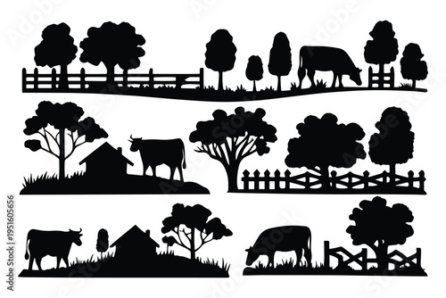 Farm Animal Silhouettes Set with Trees Isolated on White Background
