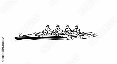 Four athletes rowing a boat in unison on a calm water surface