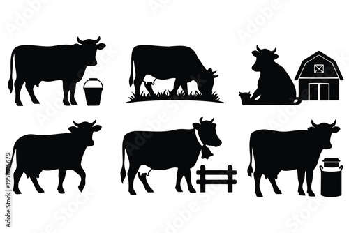 Cow Silhouette Set with Farm Elements Vector Illustration