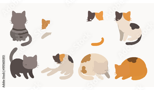 Cute Cartoon Cat Collection Striped Tricolor Spotted Cats Vector Set